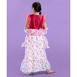 Pine Kids Half Sleeves Choli & Tiered Lehenga  with Dupatta Floral Print - Pink