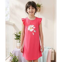Pine Kids 100% Cotton Knit Short Sleeves Night Gown Flower Print - Pink