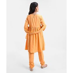 Pine Kids Three Fourth Sleeves Kurti Churidar Set with Dupatta Chervon Pattern - Mustard Yellow