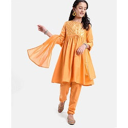 Pine Kids Three Fourth Sleeves Kurti Churidar Set with Dupatta Chervon Pattern - Mustard Yellow