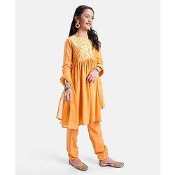 Pine Kids Three Fourth Sleeves Kurti Churidar Set with Dupatta Chervon Pattern - Mustard Yellow