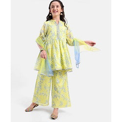Pine Kids Three Fourth Sleeves Kurti & Salwar Set With Dupatta Floral Print- Yellow
