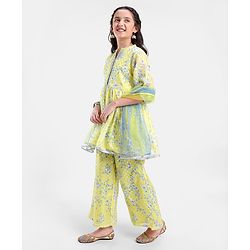 Pine Kids Three Fourth Sleeves Kurti & Salwar Set With Dupatta Floral Print- Yellow