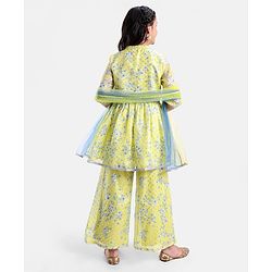 Pine Kids Three Fourth Sleeves Kurti & Salwar Set With Dupatta Floral Print- Yellow