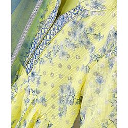 Pine Kids Three Fourth Sleeves Kurti & Salwar Set With Dupatta Floral Print- Yellow