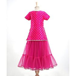 Pine Kids Woven Half Sleeves Zari Design Lehenga & Choli Set with Dupatta - Pink