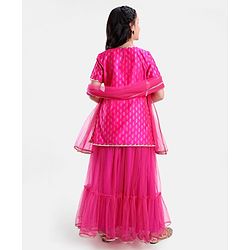 Pine Kids Woven Half Sleeves Zari Design Lehenga & Choli Set with Dupatta - Pink