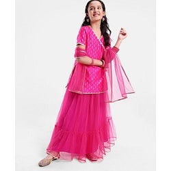 Pine Kids Woven Half Sleeves Zari Design Lehenga & Choli Set with Dupatta - Pink