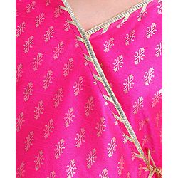 Pine Kids Woven Half Sleeves Zari Design Lehenga & Choli Set with Dupatta - Pink