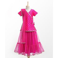 Pine Kids Woven Half Sleeves Zari Design Lehenga & Choli Set with Dupatta - Pink