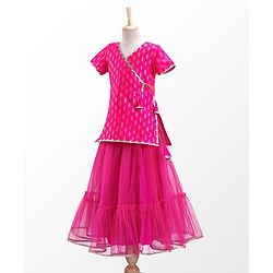 Pine Kids Woven Half Sleeves Zari Design Lehenga & Choli Set with Dupatta - Pink