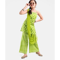 Pine Kids 100% Cotton Sleeveless Kurti & Salwar Set with Dupatta Floral Print - Lime Green
