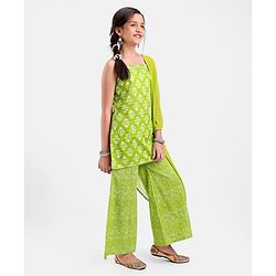 Pine Kids 100% Cotton Sleeveless Kurti & Salwar Set with Dupatta Floral Print - Lime Green