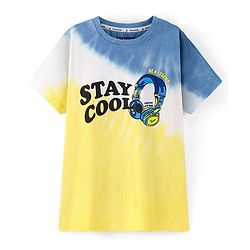 Pine Kids 100% Cotton Knit Half Sleeves Bio Washed T-Shirt Stay Cool Print - Yellow & Blue