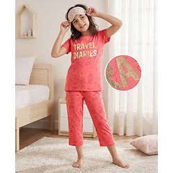 Pine Kids 100% Cotton Bio Washed Half Sleeves Night Suit Travel Print - Sugar Coral