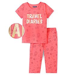 Pine Kids 100% Cotton Bio Washed Half Sleeves Night Suit Travel Print - Sugar Coral