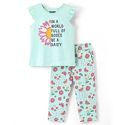 Pine Kids 100% Cotton Knit Cap Sleeve Floral Print Night Suit - Green