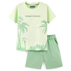 Pine Kids 100% Cotton Knit Half Sleeves Nightsuit Trees Print - Green