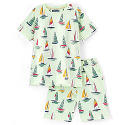 Pine Kids Half Sleeves T-Shirt With Knee Length Shorts Boat Print - Lime Cream
