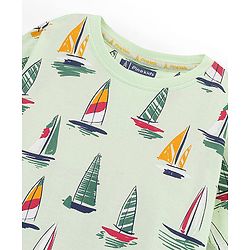 Pine Kids Half Sleeves T-Shirt With Knee Length Shorts Boat Print - Lime Cream