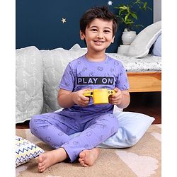 Pine Kids 100% Cotton Biowashed Half Sleeves Night Suit Gaming Print- Blue