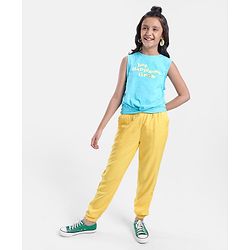 Pine Kids Cotton Knit Sleeveless T-Shirt With Front Mock Knotting & Text Print - Blue