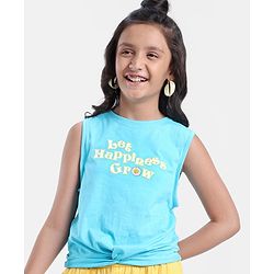 Pine Kids Cotton Knit Sleeveless T-Shirt With Front Mock Knotting & Text Print - Blue