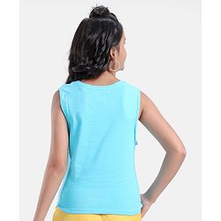 Pine Kids Cotton Knit Sleeveless T-Shirt With Front Mock Knotting & Text Print - Blue