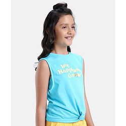 Pine Kids Cotton Knit Sleeveless T-Shirt With Front Mock Knotting & Text Print - Blue