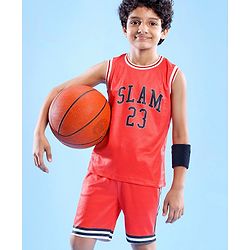 Pine Active Knitted Sleeveless Basketball T-Shirt & Shorts Set Text Print - Red