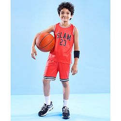 Pine Active Knitted Sleeveless Basketball T-Shirt & Shorts Set Text Print - Red