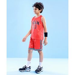 Pine Active Knitted Sleeveless Basketball T-Shirt & Shorts Set Text Print - Red