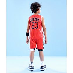 Pine Active Knitted Sleeveless Basketball T-Shirt & Shorts Set Text Print - Red