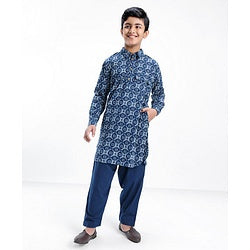 Pine Kids Cotton Full Sleeves Printed Pathani Kurta Pyjama Set- Navy Blue