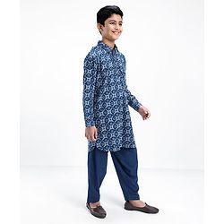 Pine Kids Cotton Full Sleeves Printed Pathani Kurta Pyjama Set- Navy Blue