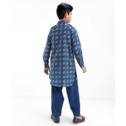 Pine Kids Cotton Full Sleeves Printed Pathani Kurta Pyjama Set- Navy Blue