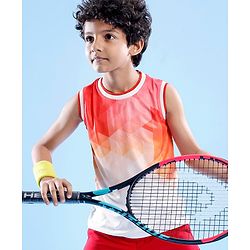 Pine Active Knitted Sleeveless Basketball T-Shirt Geometric Print - Orange & White