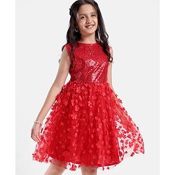 Pine Kids Sleeveless Sequined Floral Knee Length Party Wear Dress- Red