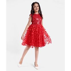 Pine Kids Sleeveless Sequined Floral Knee Length Party Wear Dress- Red