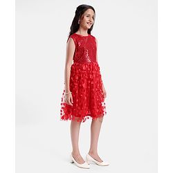 Pine Kids Sleeveless Sequined Floral Knee Length Party Wear Dress- Red