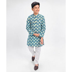 Pine Kids 100% Cotton Full Sleeves Kurta Pyjama Set Printed - Blue