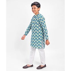 Pine Kids 100% Cotton Full Sleeves Kurta Pyjama Set Printed - Blue