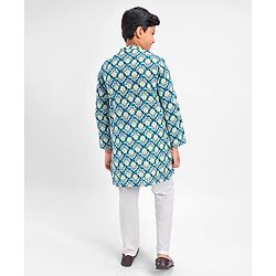 Pine Kids 100% Cotton Full Sleeves Kurta Pyjama Set Printed - Blue