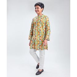 Pine Kids Full Sleeves Cotton All Over Printed Kurta Pyjama Set- Orange & White