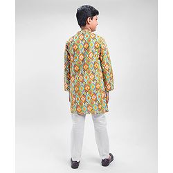 Pine Kids Full Sleeves Cotton All Over Printed Kurta Pyjama Set- Orange & White
