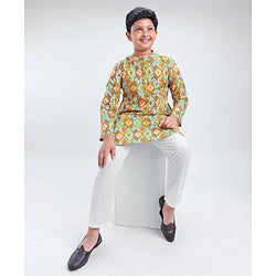 Pine Kids Full Sleeves Cotton All Over Printed Kurta Pyjama Set- Orange & White