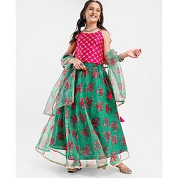 Pine Kids Sleeveless Choli & Lehenga With Dupatta Floral Print & Embroidery- Green & Pink