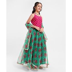 Pine Kids Sleeveless Choli & Lehenga With Dupatta Floral Print & Embroidery- Green & Pink