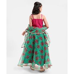 Pine Kids Sleeveless Choli & Lehenga With Dupatta Floral Print & Embroidery- Green & Pink