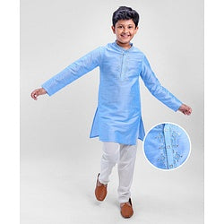 Pine Kids Viscose Full Sleeves Embroidered Kurta Pyjama Set- Turquoise